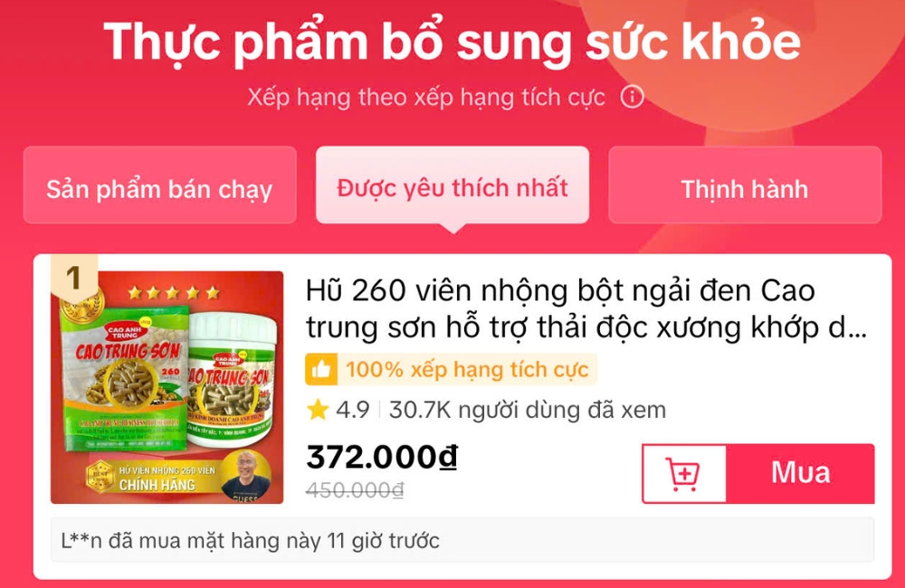 Cao Trung Sơn TV (Anh Nhơn Health) nằm Top 1 shop bán thực phẩm bổ sung sức khỏe được yêu thích nhất trên Tiktok shop.