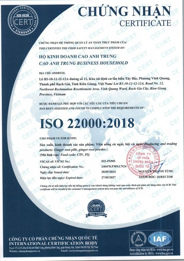 Chứng nhận an toàn thực phẩm ISO 22000:2018 của bột ngải đen Cao Trung Sơn